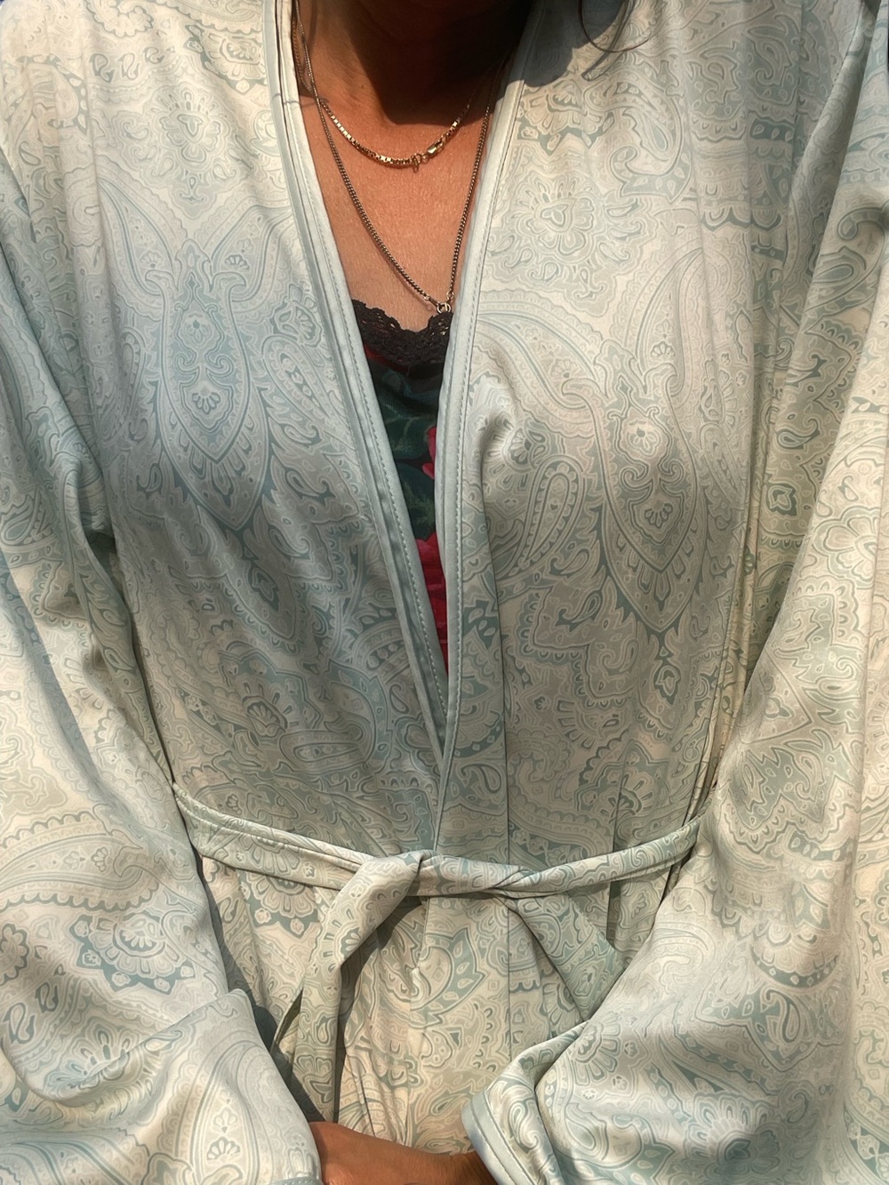 Jones New York Light Mint Paisley Satin Wrap Robe with Tie Belt